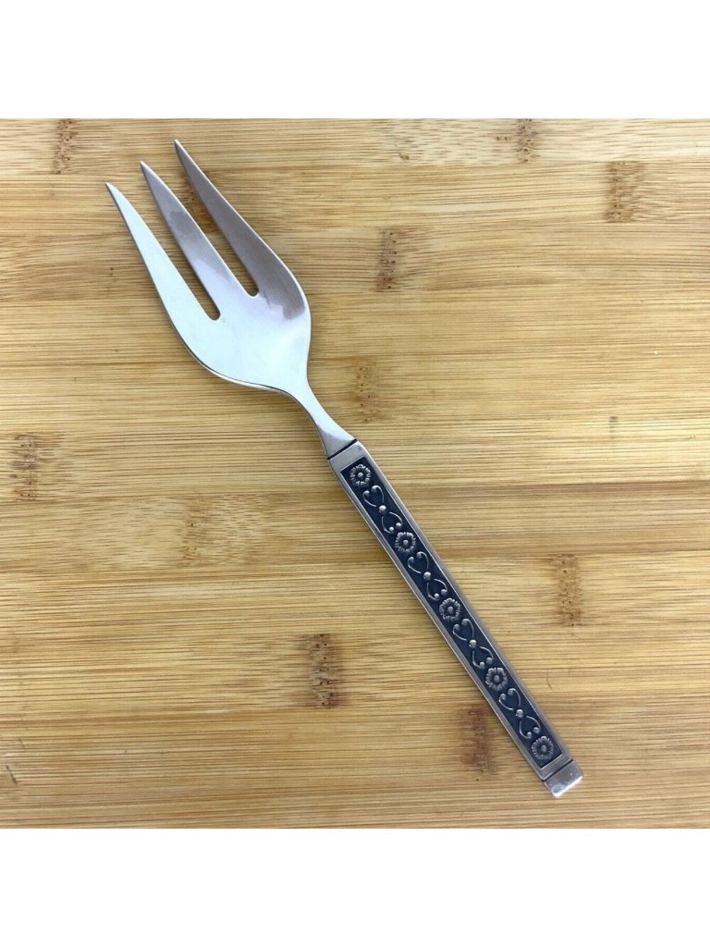 Gorham Hacienda Stainless Steel Meat Fork Floral Black Accent Vintage 1960s